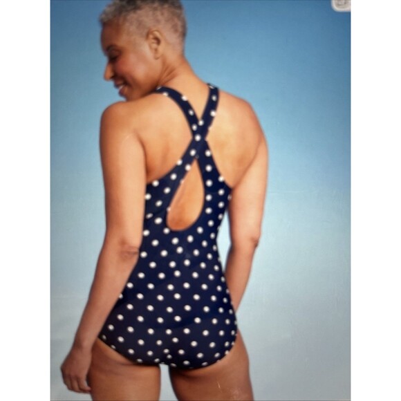 Lands' End Womens UPF 50+ Navy Blue Polka Dot One Piece Swimsuit Large (14/16) - Picture 2 of 10